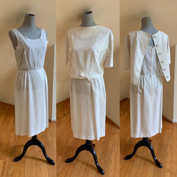 60s Mod Alison Ayres Dress Set Vintage White 2Pc Slip Dress & Button Back Gusset Sleeve Jacket Retro Sixties Elopement Court House Wedding