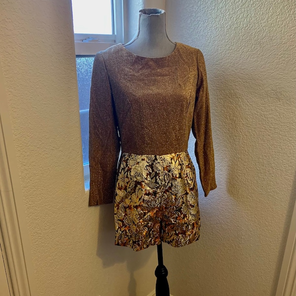 60s Mod Boho Metallic Gold Lurex & Lame Floral HOT PANTS Shorts Jumpsuit Fabulous Sparkling Gala Evening Wear