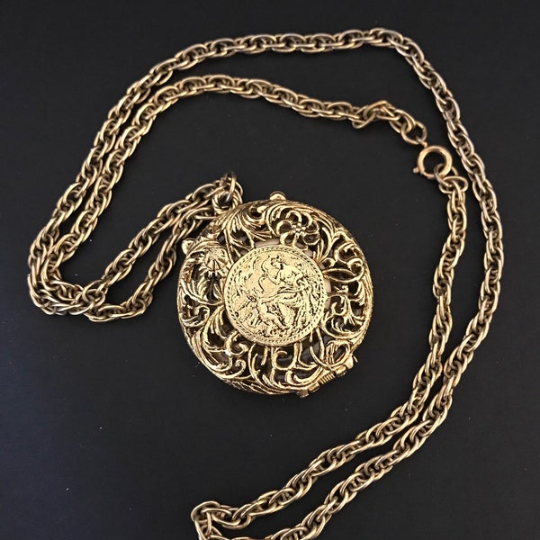 70s Max Factor Solid Perfume Locket & Chain Necklace Reversible Gold Plated Filigree or Cupid and Venus Scene Victorian Pocket Watch Styling