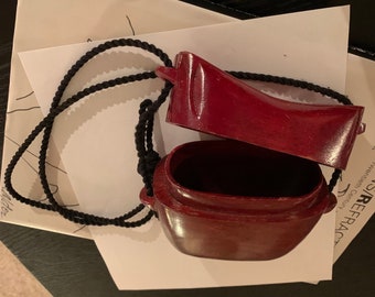 Antique Asian Carved Wooden Box Slide Top Purse Red Lacquered Finish Knotted Black Cord Strap