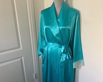 90s Vintage Jones New York Label Hostess Wedding Trousseau Robe Teal High Gloss Satin Wide Lace Cuffs Sash