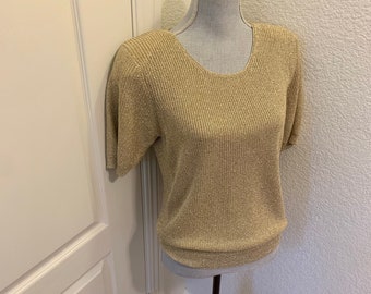 90s Boxy Metallic Gold Short Sleeve Sweater by Christine Phillipe California Stretchy Knit Large Padded Shoulders Made in Hong Kong