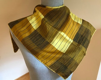 Early 60s Vera Neumann Ladybug Scarf Bold Abstract Yellow & Gold Squares w/Thin Sketched Black Stripes Iconic Midcentury Mod Designer