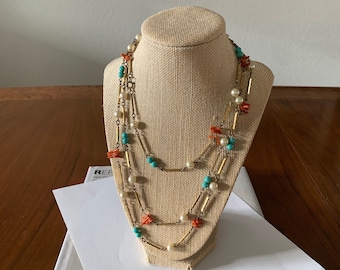 Vintage 50s X-Long Necklace Coral Thorns Faux Turquoise Beads & Pearls Gold Tone Connectors Single Strand Double It or Even Triple It!