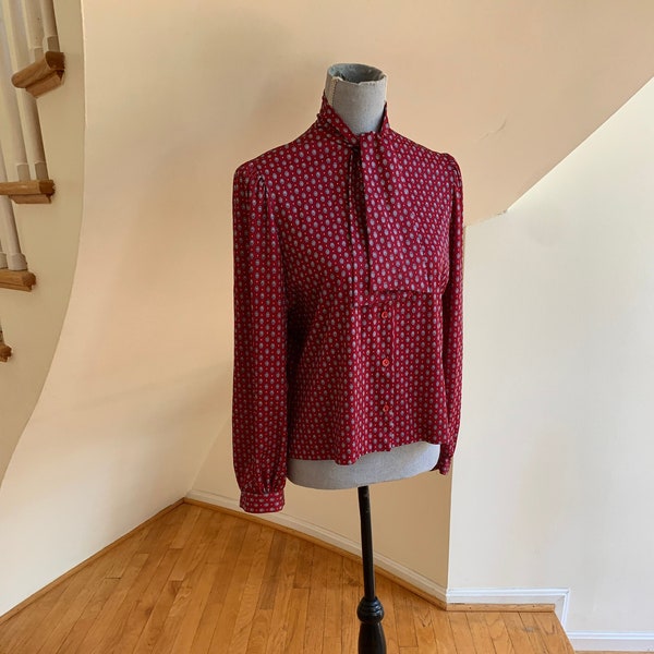70s Boxy Ascot Bow Tie Collar Blouse Classic Burgundy Red Classic Print ButtonDown Modest Secretary Librarian Teacher Style Lot Size 14