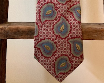 90s Liberty of London Silk Necktie Paisley Leaf Pattern Burgundy Yellow Tan & Teal Luxe Bohemian Style