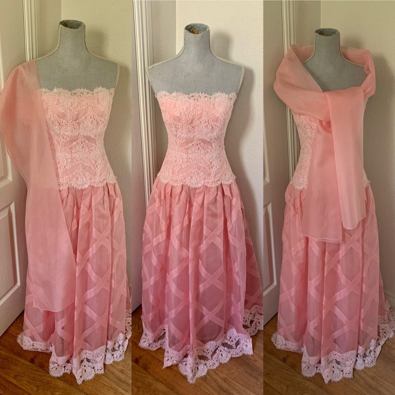 Pink 60s Hartly Westwood Gala Evening Gown Matching Extra Long Scarf Wrap Beaded Bustier Bodice Diagonal Ribboned Skirting image 1