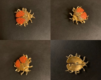 70s JJ  "Jiggler" Bug Beetle Brooch Jonette Jewelry Gold Tone Red & Brown Enamel Embellished Wings Gift for a Gardener