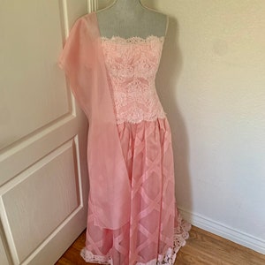 Pink 60s Hartly Westwood Gala Evening Gown Matching Extra Long Scarf Wrap Beaded Bustier Bodice Diagonal Ribboned Skirting image 6