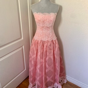 Pink 60s Hartly Westwood Gala Evening Gown Matching Extra Long Scarf Wrap Beaded Bustier Bodice Diagonal Ribboned Skirting image 3