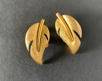 Givenchy Paris New York Rare Vintage 60s Earrings Stylized Tropical Leaf Design Brushed Gold Gorgeous Gleaming Luxe Couture Costume Jewelry