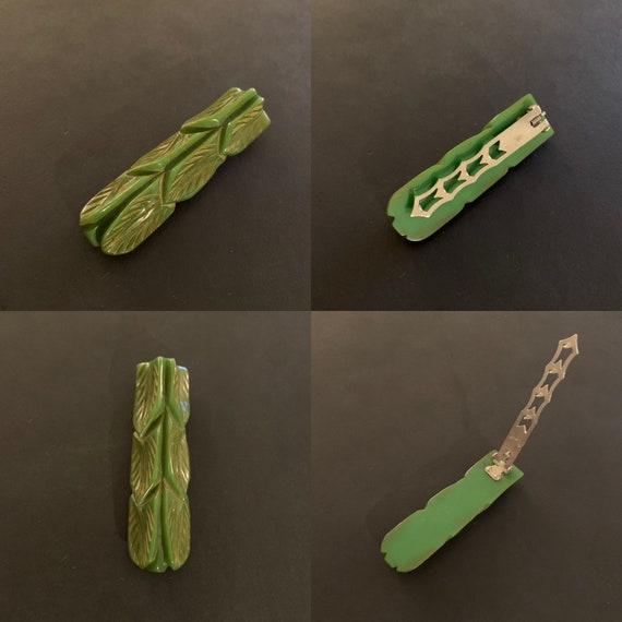 30s Bakelite Rare Green Dress Clips Carved Leaf M… - image 1