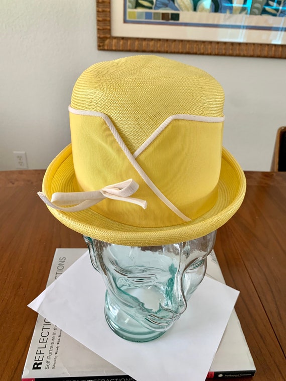 60s Mod Marche Woven Bowler Hat Yellow White Trim… - image 2