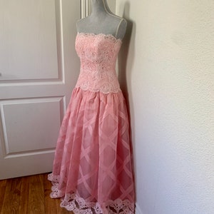 Pink 60s Hartly Westwood Gala Evening Gown Matching Extra Long Scarf Wrap Beaded Bustier Bodice Diagonal Ribboned Skirting image 5