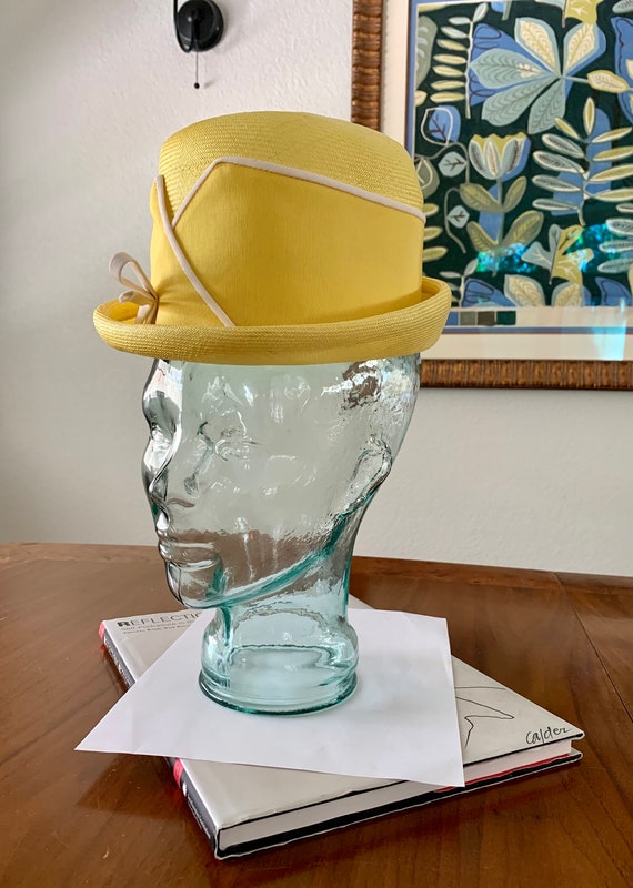 60s Mod Marche Woven Bowler Hat Yellow White Trim… - image 4
