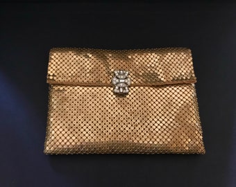 Vintage 40s Whiting & Davis Golden Mesh Envelope Handbag Clutch Evening Purse Amazing Rhinestone Clasp Dated Inscription Special Occasion