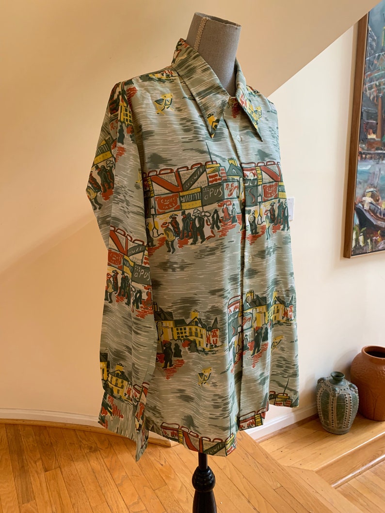 70s Menswear French Boulevard Novelty Print Button Down Shirt Etsy