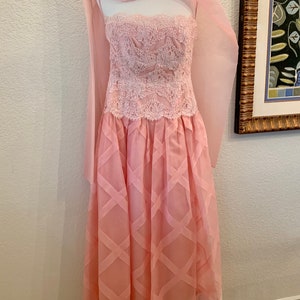 Pink 60s Hartly Westwood Gala Evening Gown Matching Extra Long Scarf Wrap Beaded Bustier Bodice Diagonal Ribboned Skirting image 2