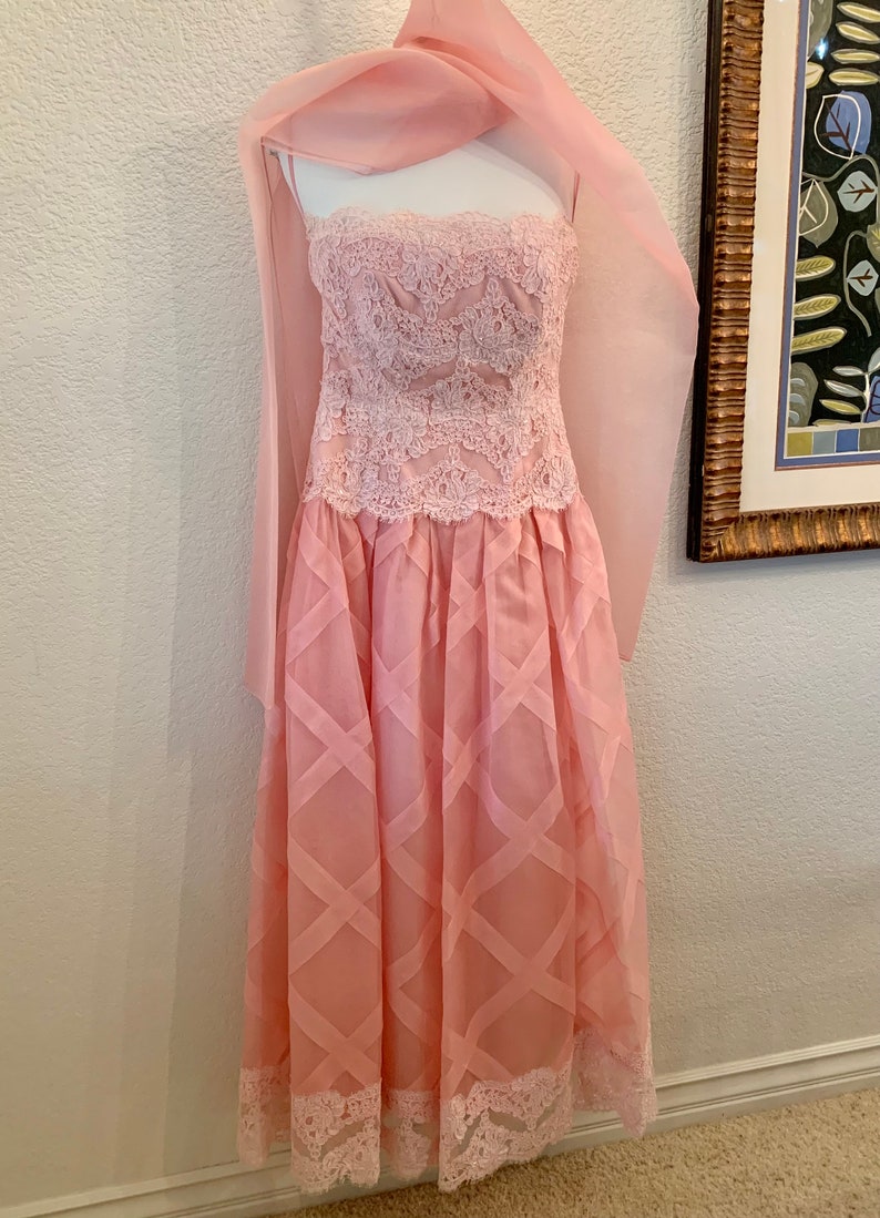 Pink 60s Hartly Westwood Gala Evening Gown Matching Extra Long Scarf Wrap Beaded Bustier Bodice Diagonal Ribboned Skirting image 2