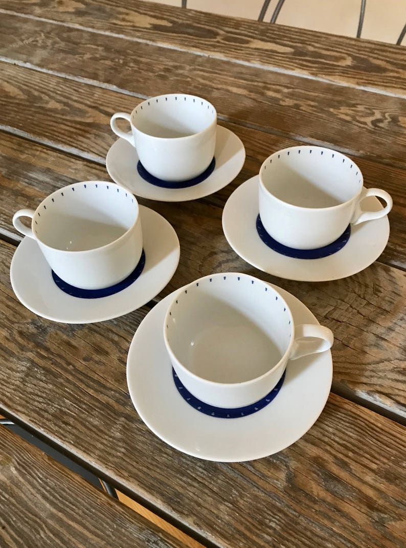 80s Dansk Ditto Blue Tea Cups & Saucers Set of 4 White Cobalt Etsy