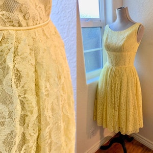 Vestido de fiesta de cóctel con encaje de ensueño de los años 50, vestido de fiesta de graduación, amarillo limón soleado, cintura ancha, etiqueta ILGW Union imagen 2