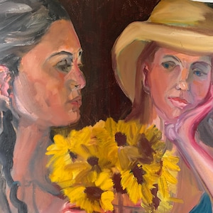 May include: Oil painting of two women, one wearing a wide-brimmed hat, holding a bouquet of yellow sunflowers. The artwork features a warm color palette with shades of yellow, pink, and brown, creating a soft and inviting atmosphere.