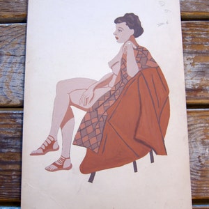 1950s Fashion Illustration Original Tempera on Board Figural Sketch Seated Nude Sandals Patterned Robe