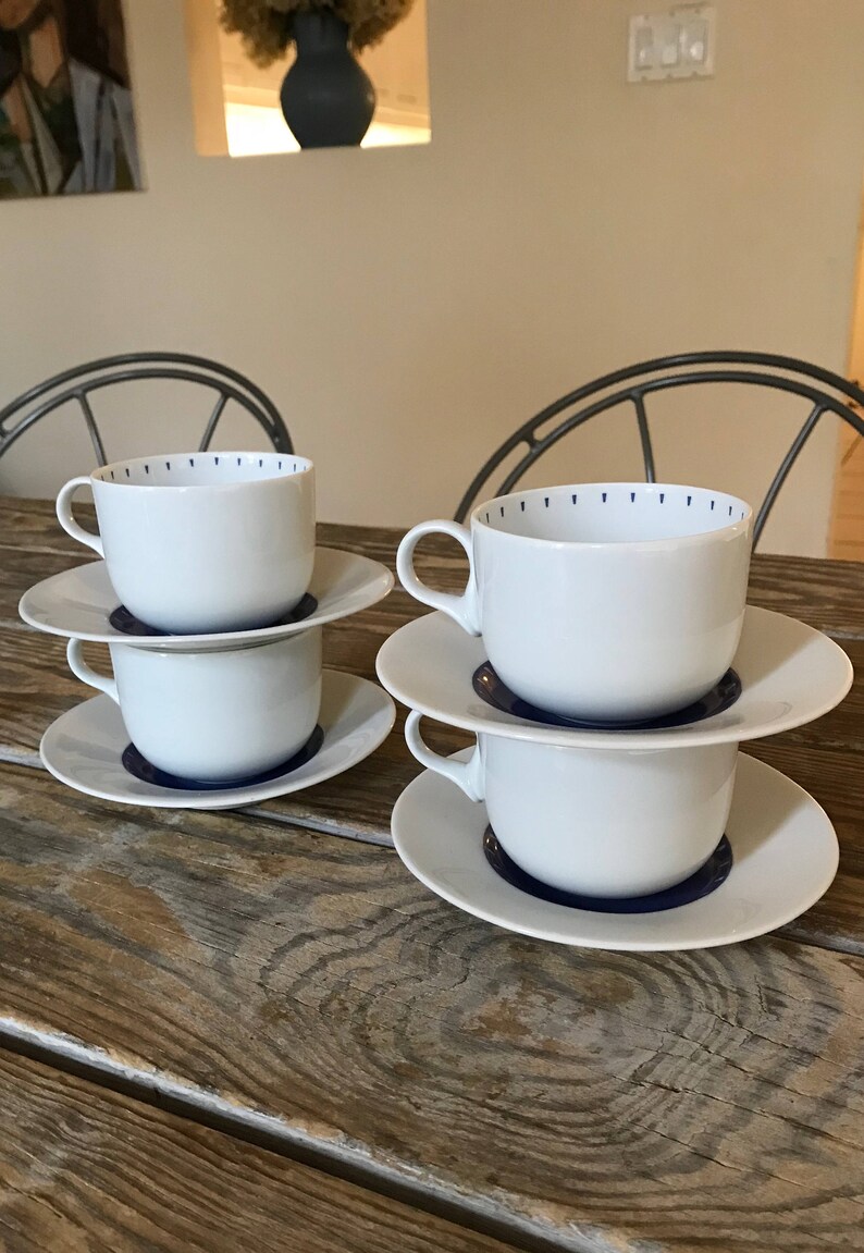 80s Dansk Ditto Blue Tea Cups & Saucers Set of 4 White Cobalt Etsy