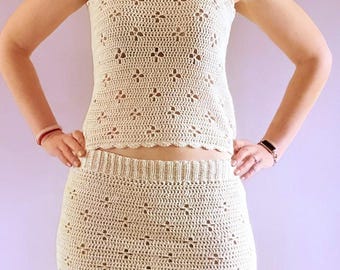 Crochet Flower Lace Set Pattern: Custom Fit Summer Petal Mesh Top & Skirt (PDF) - Floral Filet Set for Women and Girls