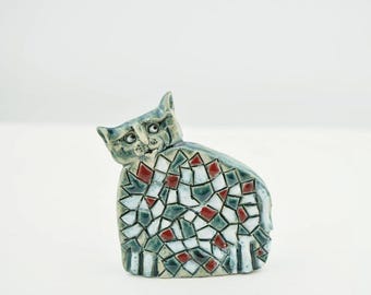 Ceramic Mosaic Cat Figurine, Handmade Sculpture