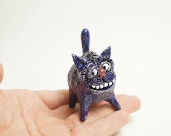 Funny Ceramic Cat Figurine, Handcrafted Clay Sculpture