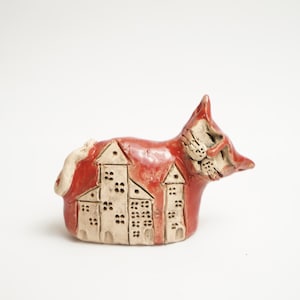 Ceramic cat with houses, Cat figure sculpture, Figurines cat, Cat lovers gift, Cat statue, House warming gift, Cat With Houses, Gift For Her