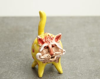Funny Ceramic Cat Figurine, Handmade Clay Sculpture