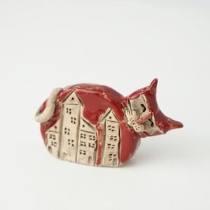 Cat figure sculpture, Ceramic cat with houses, Figurines cat, Cat lover gift, Cat statue, Cat With Houses, Kitty Shelf Decor, Cat Mom Gift
