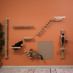 Wall Mounted Cat Playground Set with Stylish Cat Shelves Bed, Climbing Steps Scratching Post