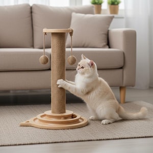 Handmade Wooden Cat Scratching Post: Sisal Tower with Ball Track