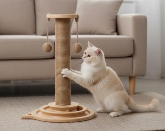 Handmade Wooden Cat Scratching Post: Sisal Tower with Ball Track