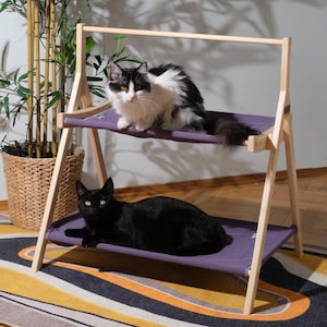 Two-Layer Wooden Cat Hammock Bed with Fabric Shelves, Modern Cat Furniture, Minimalist Pet Lounge, Gift for Cat Lovers