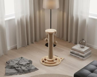 Handmade Wooden Cat Scratching Post: Sisal Rope & Interactive Toy