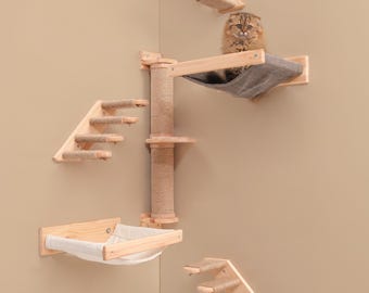 Wooden Cat Wall Gym: Hammock, Climbing Steps, Activity Center