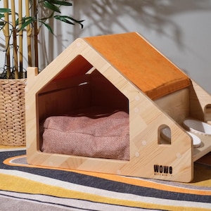 Modern Wooden Pet House With Food Bowls, Indoor Cat Bed With Cushion, Pet Furniture For Cats And Small Dogs, Unique Gift For Pet Lovers
