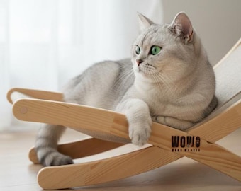 Handmade Wooden Pet Lounger: Modern Cat Hammock, Raised Pine Bed