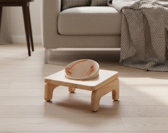 Handmade Elevated Cat Food Bowl: Natural Wood & Ceramic, Anti-Vomit Design
