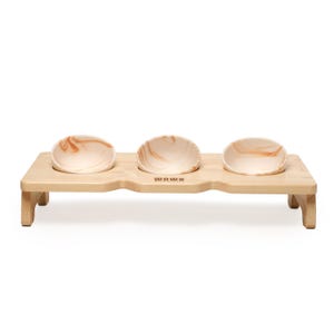 Raised Pet Bowl Station: Wooden Feeder with 3 Porcelain Bowls