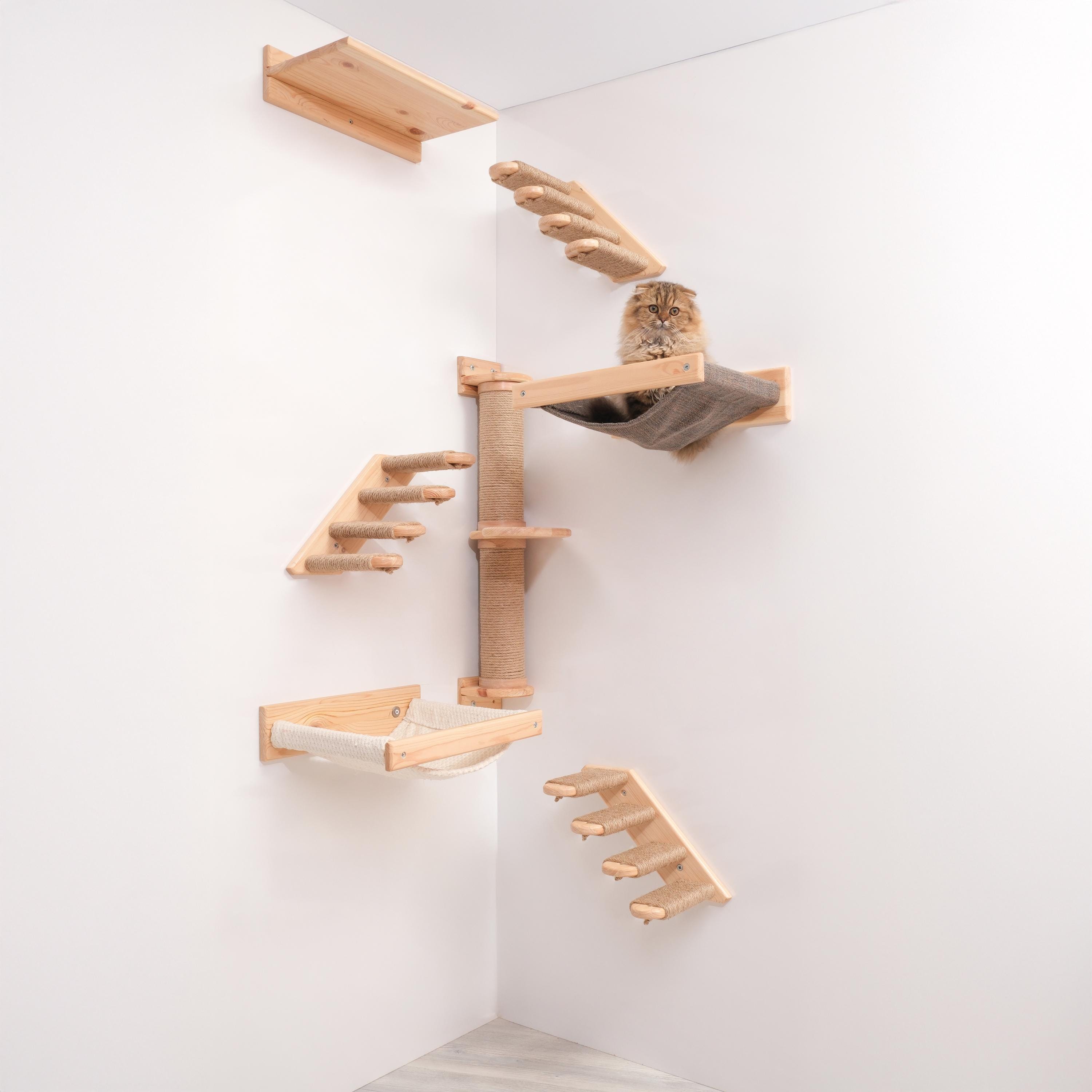 Wall Mounted Wooden Cat Climbing Furniture Set, Cat Hammock And Steps, Space Saving Cat Wall Shelves, Modern Pet Gift For Cat Lovers