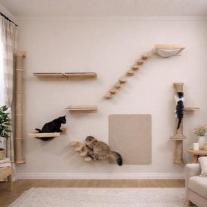 Wall Mounted Cat Playground Set with Stylish Cat Shelves Bed, Climbing Steps Scratching Post