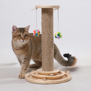 Handmade Wooden Cat Scratching Post: Sisal Tower with Ball Track