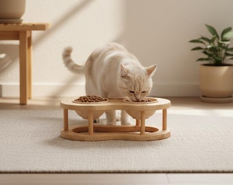 Elevated Cat Feeder – Ergonomic Wooden Stand with Two Ceramic Bowls for Healthy Pet Feeding