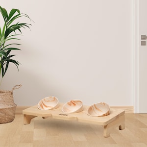 Raised Cat Bowl Stand: Wooden Triple Pet Feeder with Porcelain Bowls