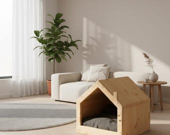 Casa para gatos de madera de pino hecha a mano: moderna cama de interior para mascotas